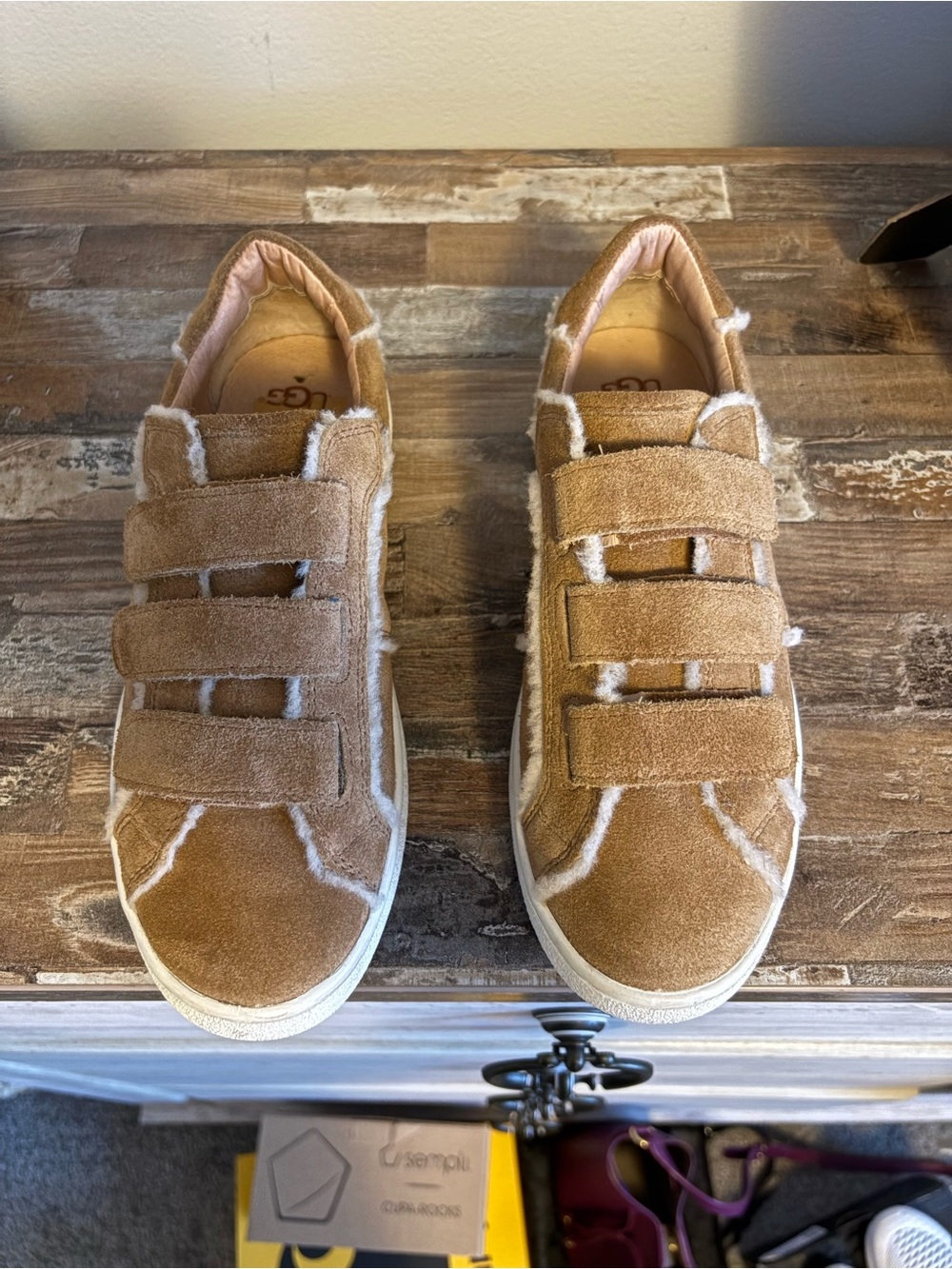 UGG Chestnut Suede Velcro Sneakers with Shearling Trim